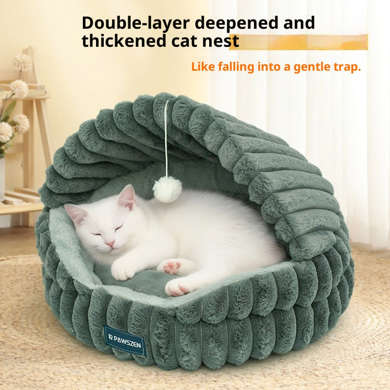 Cozy Shell Cat Nest Bed with Dangling Toy