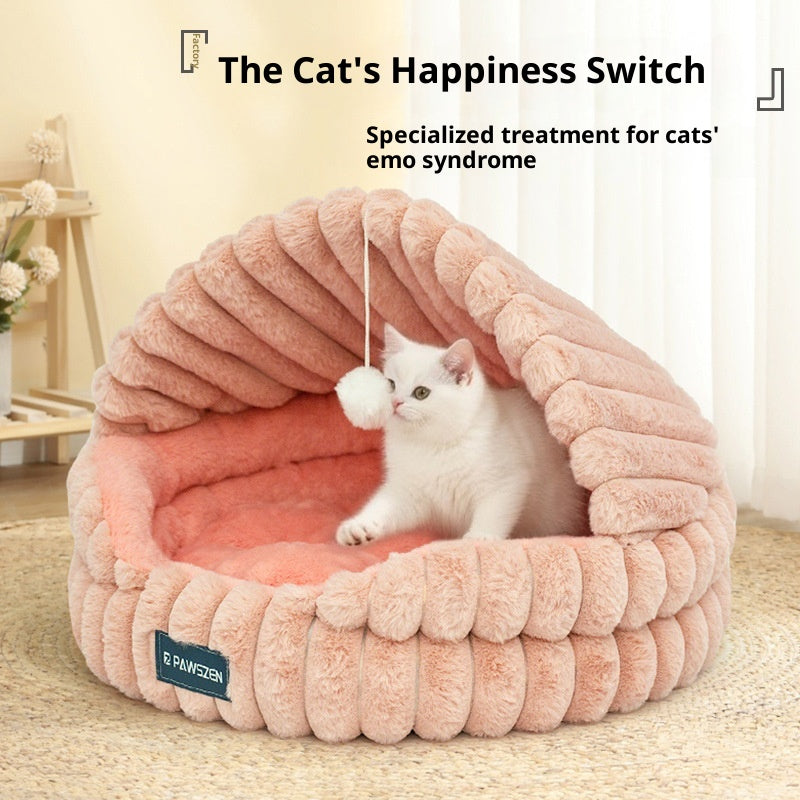 Cozy Shell Cat Nest Bed with Dangling Toy