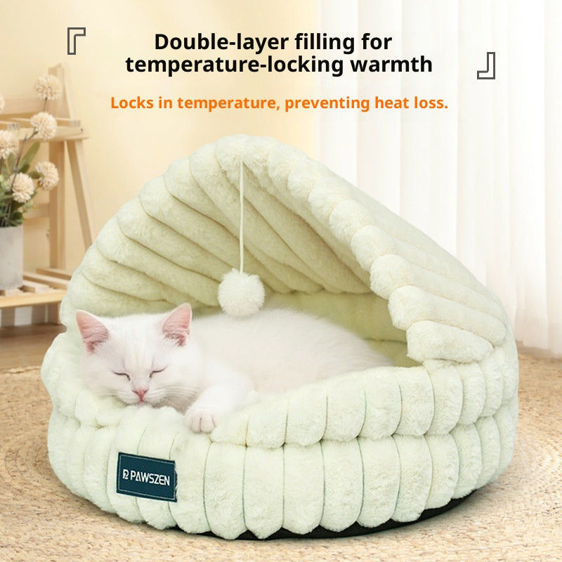 Cozy Shell Cat Nest Bed with Dangling Toy