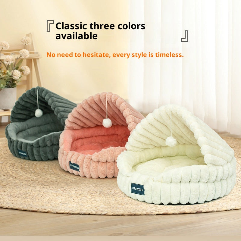 Cozy Shell Cat Nest Bed with Dangling Toy