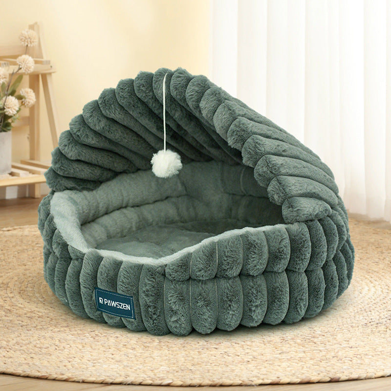 Cozy Shell Cat Nest Bed with Dangling Toy