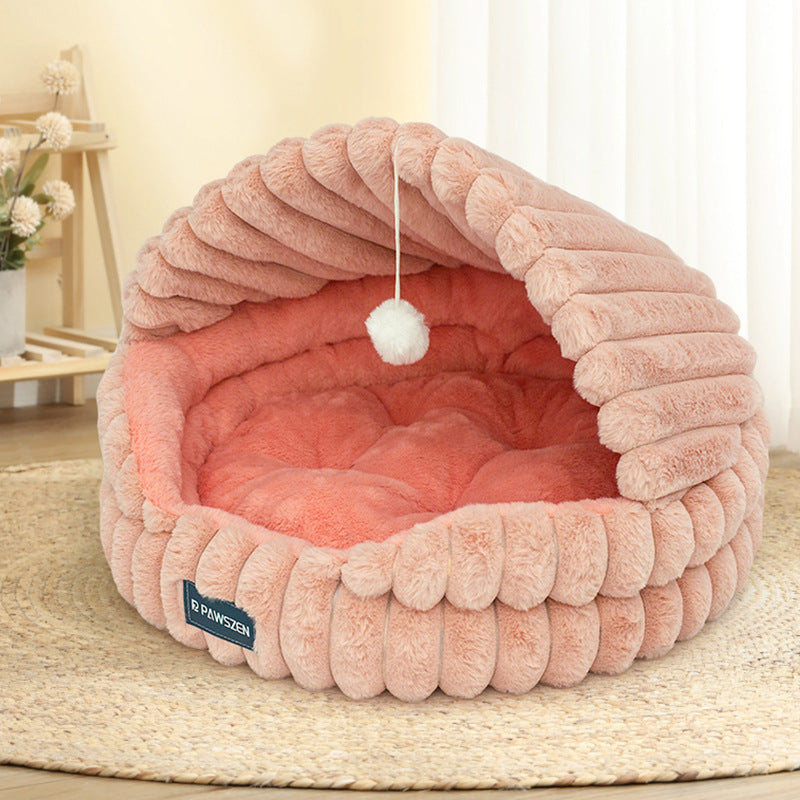 Cozy Shell Cat Nest Bed with Dangling Toy