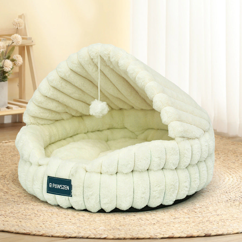Cozy Shell Cat Nest Bed with Dangling Toy