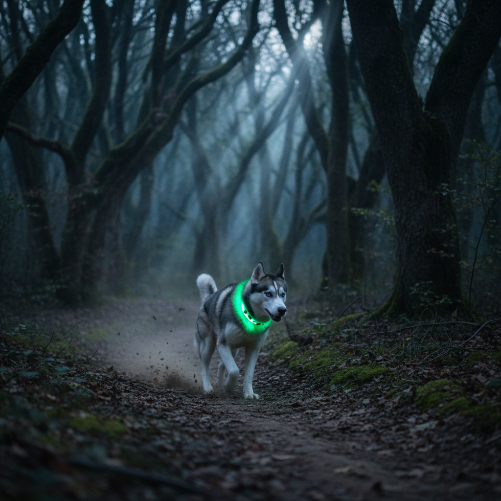 Husky wearing a glowing green LED safety collar on a dark forest trail at night