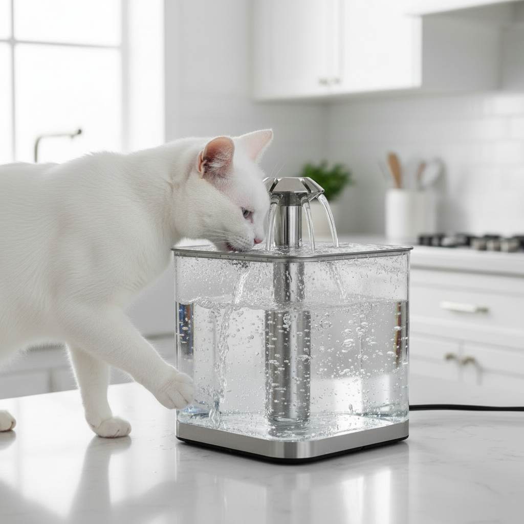 White cat drinking from a sleek transparent wireless cat water fountain on a kitchen counter