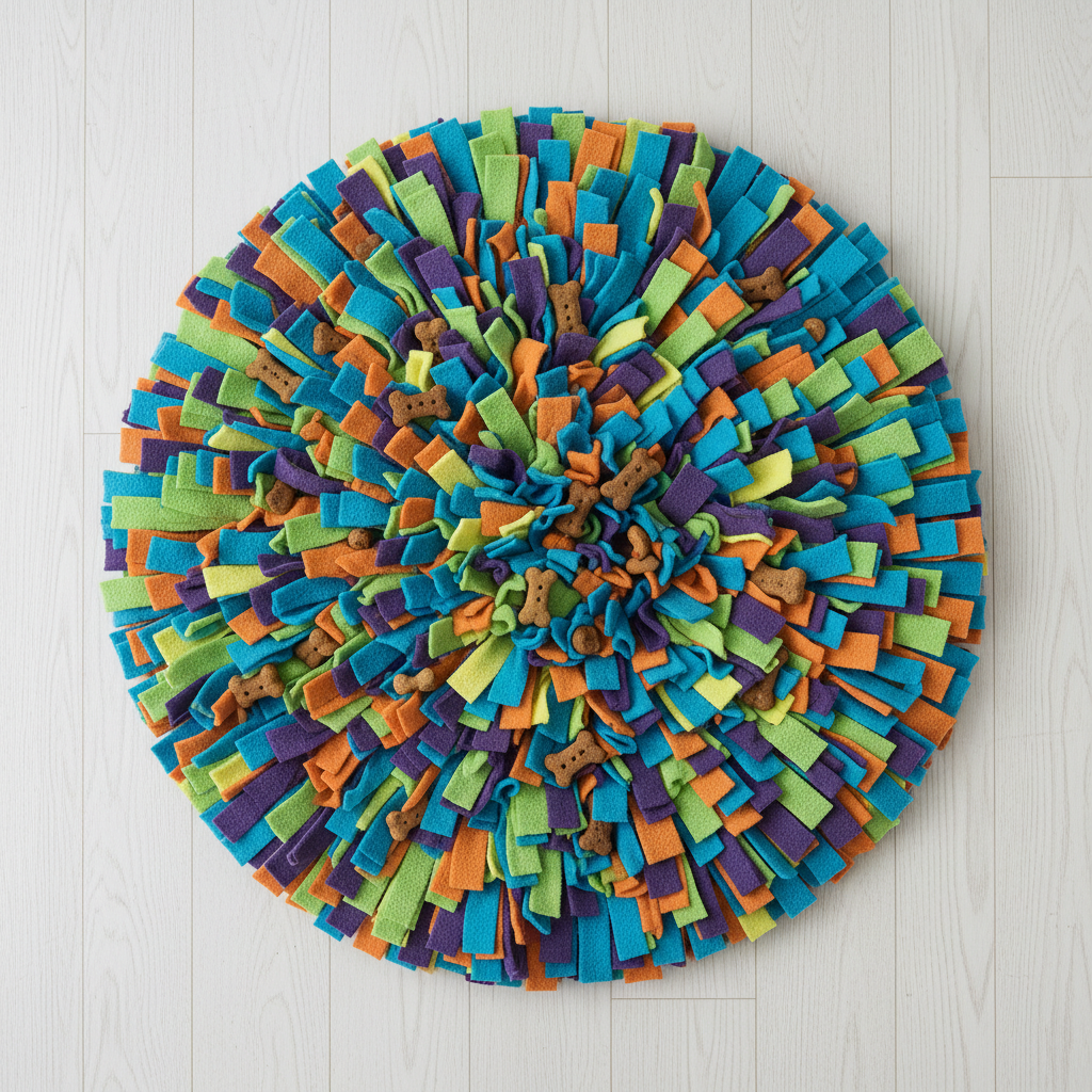 Top-down flat lay of a colorful snuffle mat with treats hidden in the fabric folds