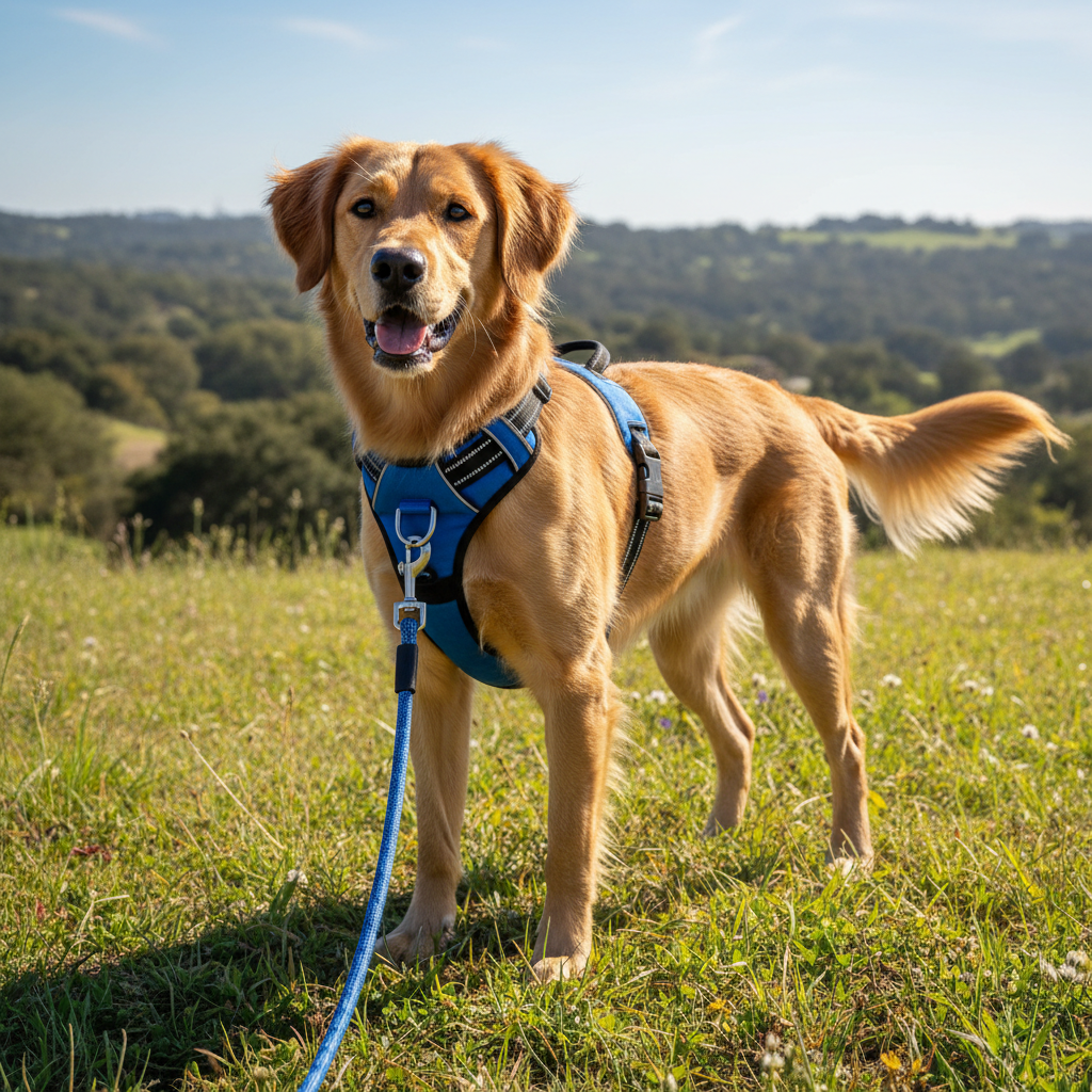 No-pull dog harness clearly displayed on a medium dog outdoors on a sunny day