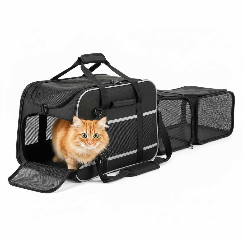 Fluffy cat peeking out of a sleek black expandable airline-approved pet carrier